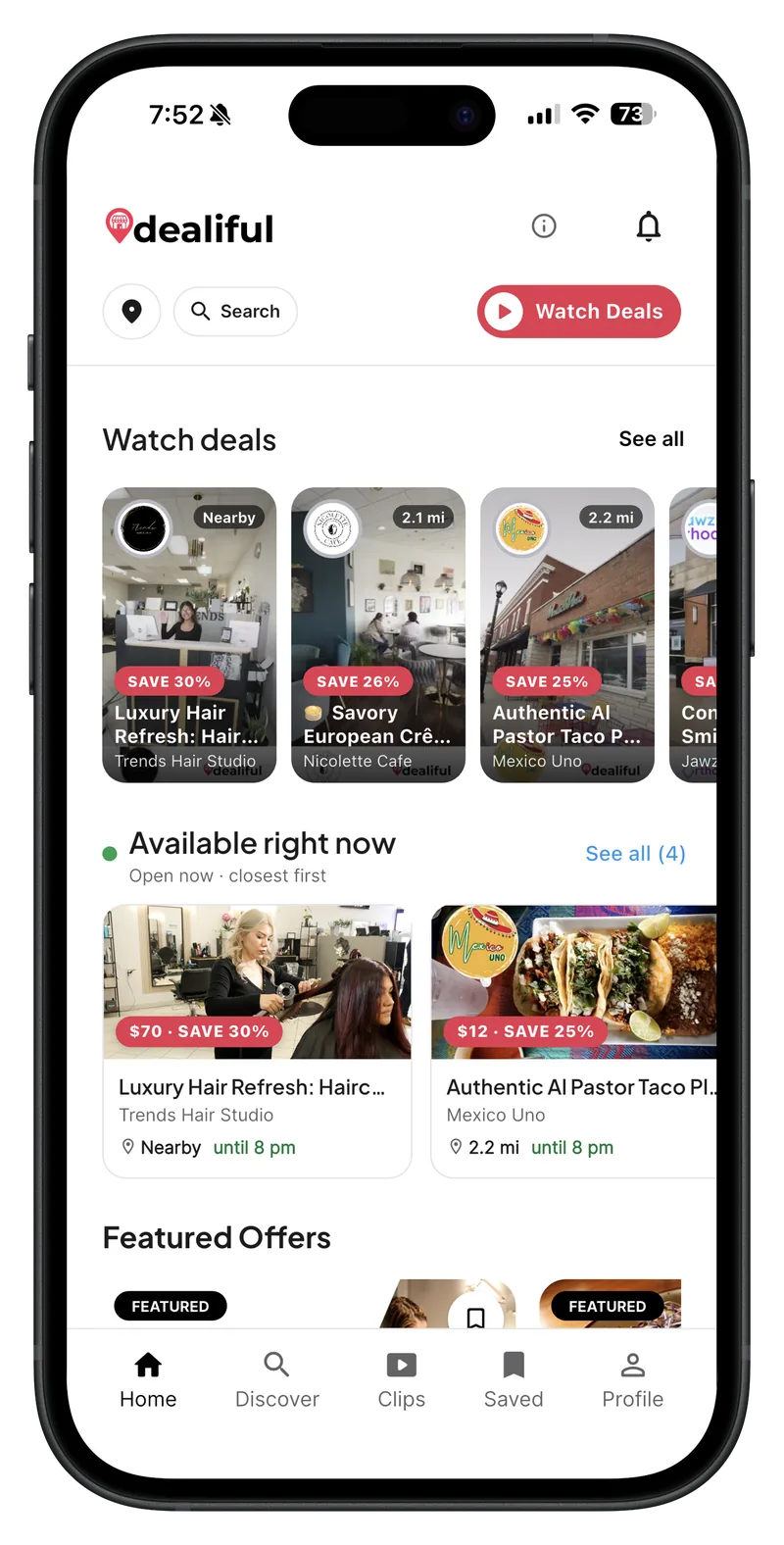 The Dealiful app home screen with local offers